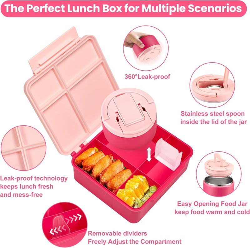 Howeemo Bento Lunch Box for Kids with 8oz Soup Thermo,Kids Leakproof Lunch Food Containers with 4 Compartment,Kid Insulated Thermo Hot Food Jar for School,Trvael-Pink - Image 2